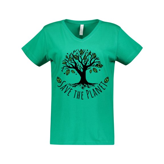 Inktastic Save the Planet Tree Design with Green Leaves Women's V-Neck T-Shirt