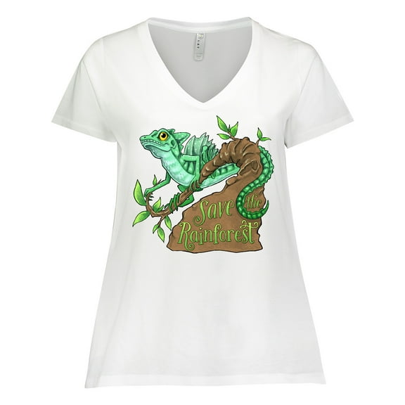 Inktastic Save the Rainforest with Basilisk Lizard on a Tree Women's Plus Size V-Neck T-Shirt