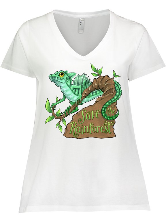 Save the Rainforest with Basilisk Lizard on a Tree Women's Plus Size V-Neck T-Shirt