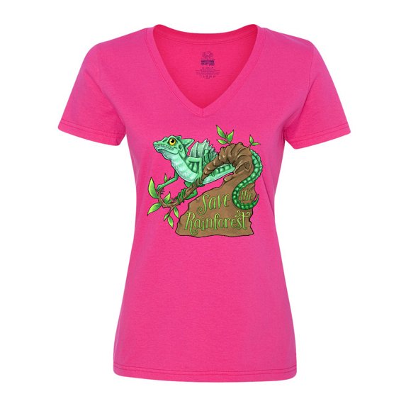 Inktastic Save the Rainforest with Basilisk Lizard on a Tree Women's V-Neck T-Shirt
