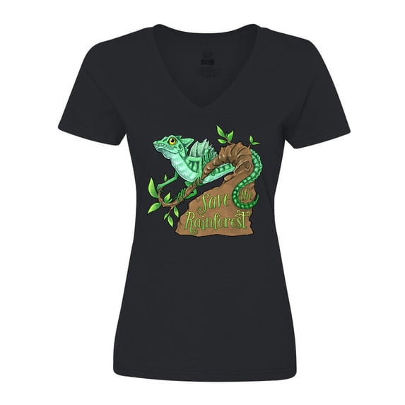 Inktastic Save the Rainforest with Basilisk Lizard on a Tree Women's V-Neck T-Shirt