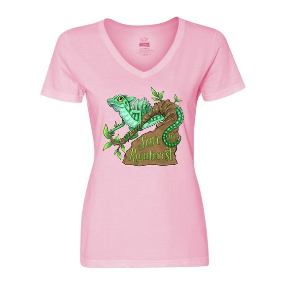 Inktastic Save the Rainforest with Basilisk Lizard on a Tree Women's V-Neck T-Shirt