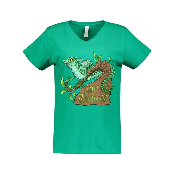 Inktastic Save the Rainforest with Basilisk Lizard on a Tree Women's V-Neck T-Shirt