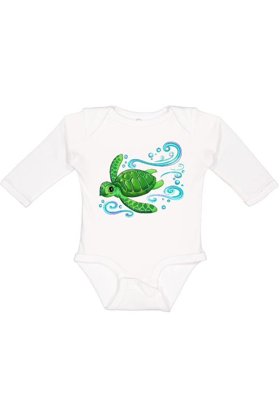 Sea Turtle Swimming Boys or Girls Long Sleeve Baby Bodysuit