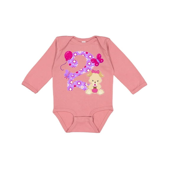 Inktastic Second Birthday with Cute Puppy and Butterflies Boys or Girls Long Sleeve Baby Bodysuit