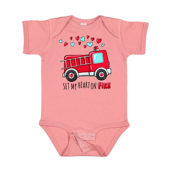 Inktastic Set My Heart on Fire Valentine Fire Truck with Hearts Boys or Girls Baby Bodysuit