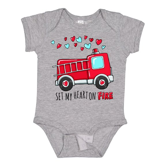 Inktastic Set My Heart on Fire Valentine Fire Truck with Hearts Boys or Girls Baby Bodysuit