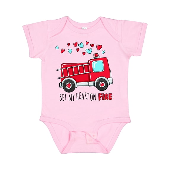 Inktastic Set My Heart on Fire Valentine Fire Truck with Hearts Boys or Girls Baby Bodysuit