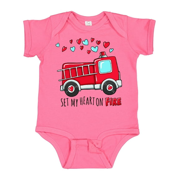 Inktastic Set My Heart on Fire Valentine Fire Truck with Hearts Boys or Girls Baby Bodysuit