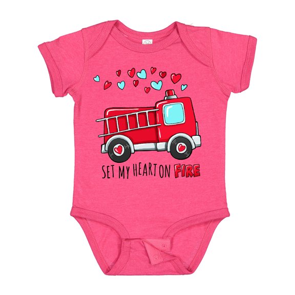 Inktastic Set My Heart on Fire Valentine Fire Truck with Hearts Boys or Girls Baby Bodysuit