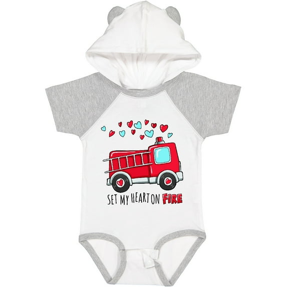 Inktastic Set My Heart on Fire Valentine Fire Truck with Hearts Boys or Girls Baby Bodysuit