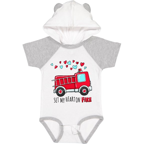 Inktastic Set My Heart on Fire Valentine Fire Truck with Hearts Boys or Girls Baby Bodysuit