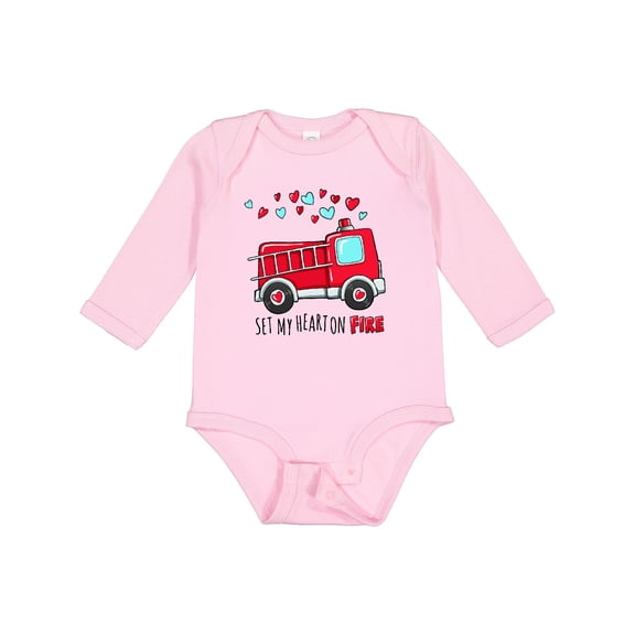 Inktastic Set My Heart on Fire Valentine Fire Truck with Hearts Boys or Girls Long Sleeve Baby Bodysuit