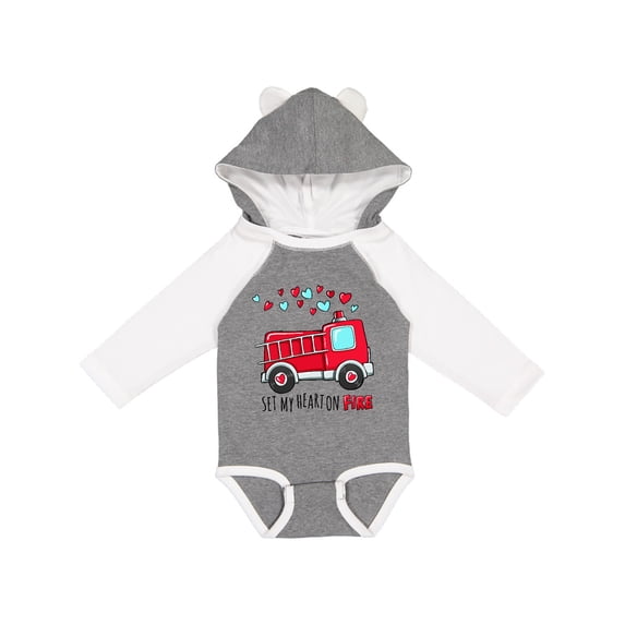 Inktastic Set My Heart on Fire Valentine Fire Truck with Hearts Boys or Girls Long Sleeve Baby Bodysuit