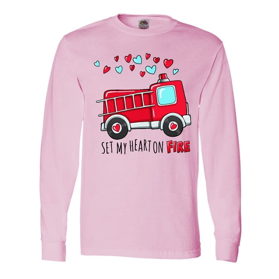 Inktastic Set My Heart on Fire Valentine Fire Truck with Hearts Long Sleeve T-Shirt