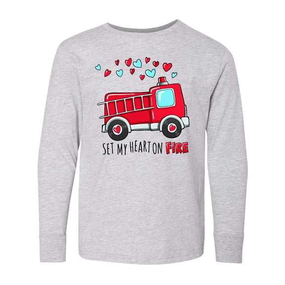 Inktastic Set My Heart on Fire Valentine Fire Truck with Hearts Long Sleeve Youth T-Shirt