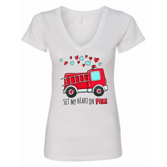 Inktastic Set My Heart on Fire Valentine Fire Truck with Hearts Women's V-Neck T-Shirt