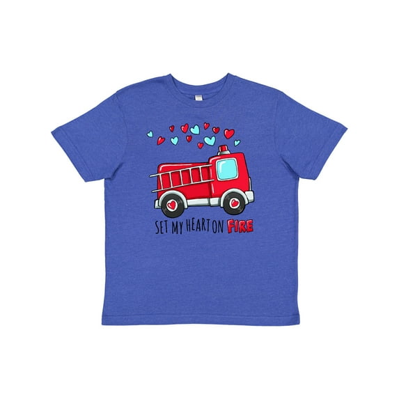 Inktastic Set My Heart on Fire Valentine Fire Truck with Hearts Youth T-Shirt