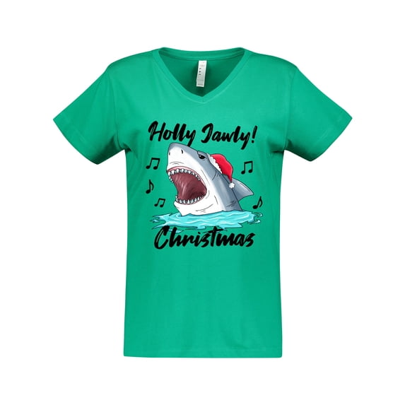 Inktastic Shark Holly Jawly Christmas Women's V-Neck T-Shirt