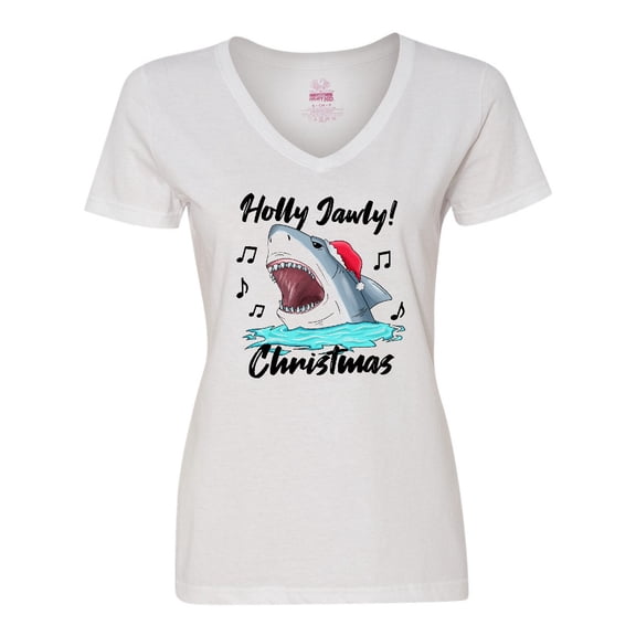 Inktastic Shark Holly Jawly Christmas Women's V-Neck T-Shirt
