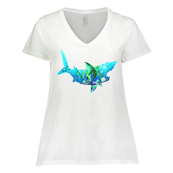 Inktastic Shark Shaped Aquarium Scene Women's Plus Size V-Neck T-Shirt