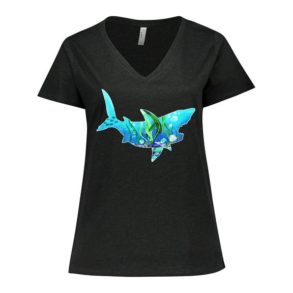 Inktastic Shark Shaped Aquarium Scene Women's Plus Size V-Neck T-Shirt