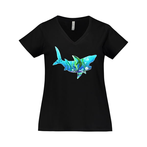 Inktastic Shark Shaped Aquarium Scene Women's Plus Size V-Neck T-Shirt