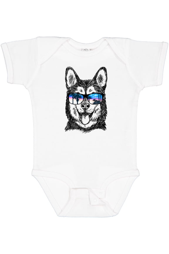 Siberian Husky Sketch Portrait with Sunglasses Boys or Girls Baby Bodysuit