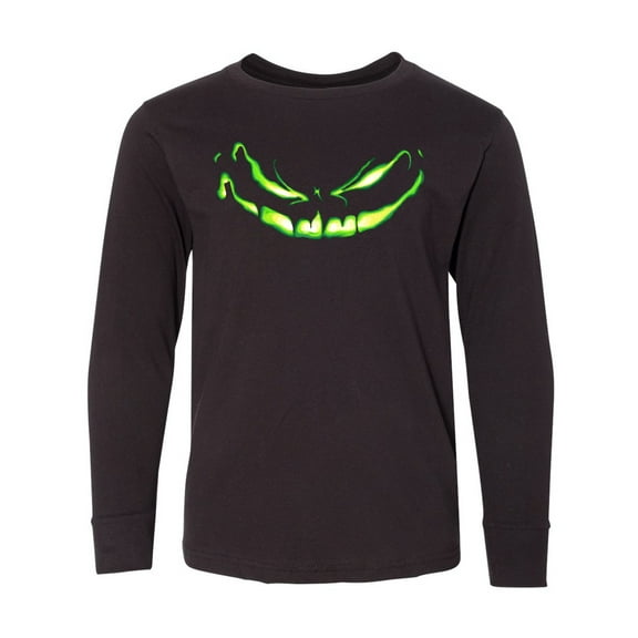 Inktastic Sinister Grinning Pumpkin Face in Lime Green Glow Long Sleeve Youth T-Shirt
