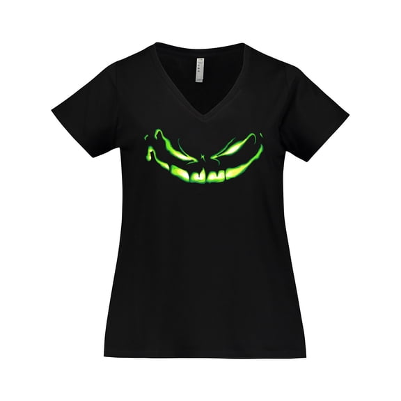 Inktastic Sinister Grinning Pumpkin Face in Lime Green Glow Women's Plus Size V-Neck T-Shirt