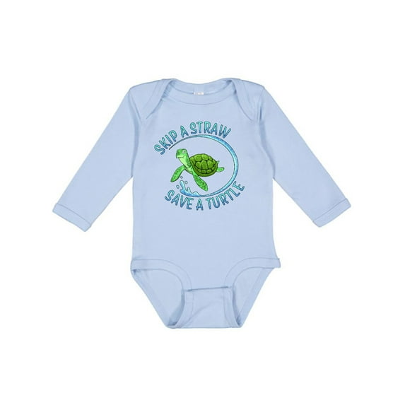 Inktastic Skip a Straw Save a Turtle with Cute Green Sea Turtle Boys or Girls Long Sleeve Baby Bodysuit