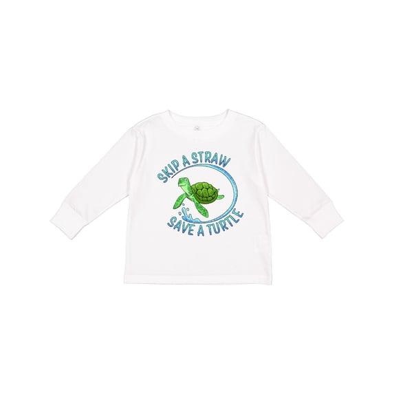 Inktastic Skip a Straw Save a Turtle with Cute Green Sea Turtle Boys or Girls Long Sleeve Toddler T-Shirt
