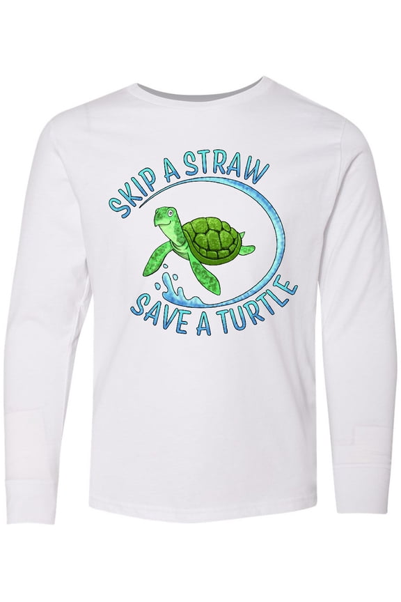 Skip a Straw Save a Turtle with Cute Green Sea Turtle Long Sleeve Youth T-Shirt