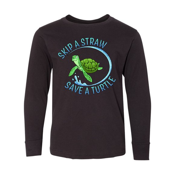Inktastic Skip a Straw Save a Turtle with Cute Green Sea Turtle Long Sleeve Youth T-Shirt