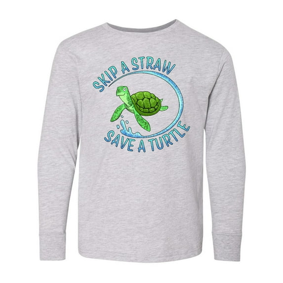 Inktastic Skip a Straw Save a Turtle with Cute Green Sea Turtle Long Sleeve Youth T-Shirt