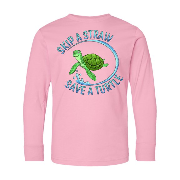 Inktastic Skip a Straw Save a Turtle with Cute Green Sea Turtle Long Sleeve Youth T-Shirt