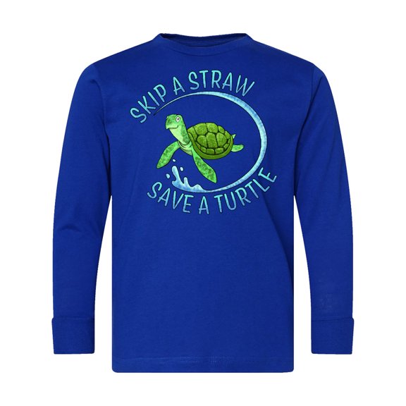 Inktastic Skip a Straw Save a Turtle with Cute Green Sea Turtle Long Sleeve Youth T-Shirt