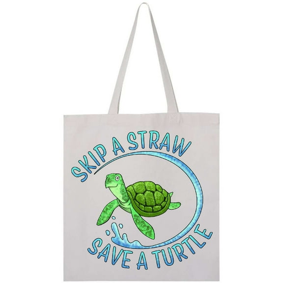 Inktastic Skip a Straw Save a Turtle with Cute Green Sea Turtle Tote Bag