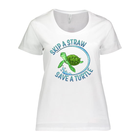 Inktastic Skip a Straw Save a Turtle with Cute Green Sea Turtle Women's Plus Size T-Shirt