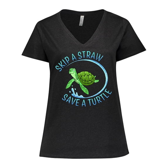 Inktastic Skip a Straw Save a Turtle with Cute Green Sea Turtle Women's Plus Size V-Neck T-Shirt