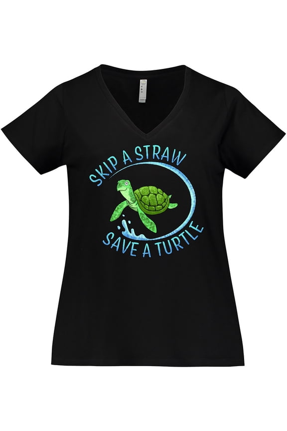 Skip a Straw Save a Turtle with Cute Green Sea Turtle Women's Plus Size V-Neck T-Shirt