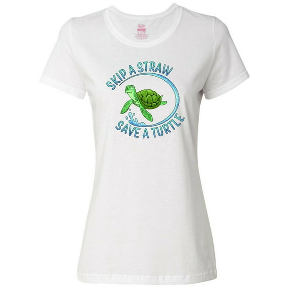 Inktastic Skip a Straw Save a Turtle with Cute Green Sea Turtle Women's T-Shirt