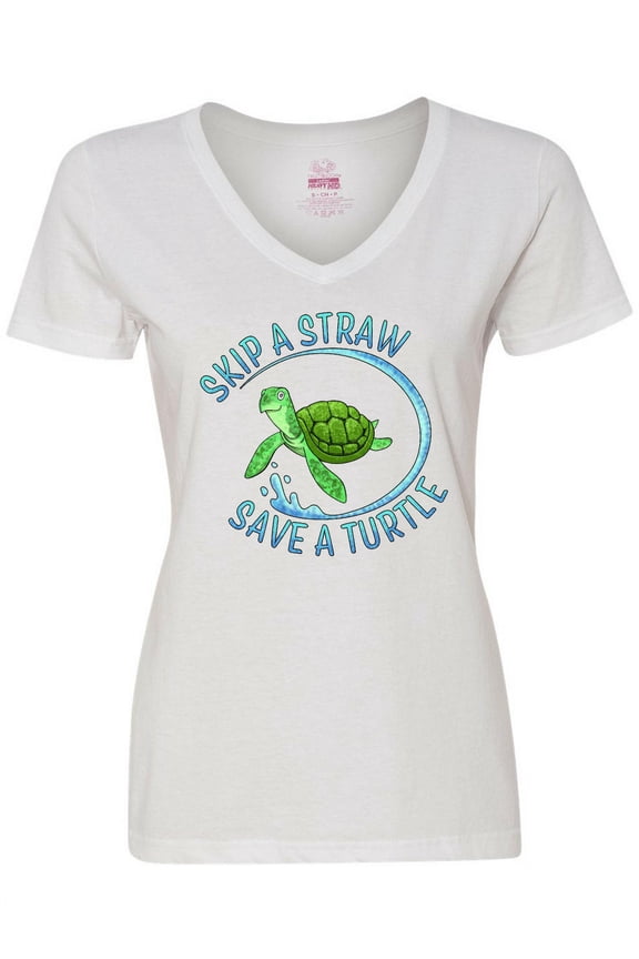 Skip a Straw Save a Turtle with Cute Green Sea Turtle Women's V-Neck T-Shirt
