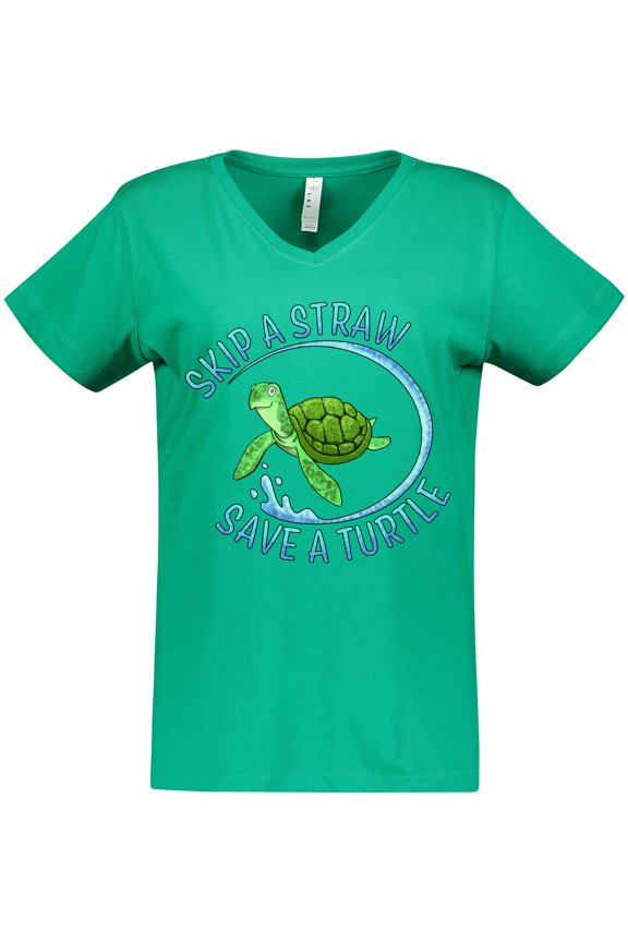 Skip a Straw Save a Turtle with Cute Green Sea Turtle Women's V-Neck T-Shirt