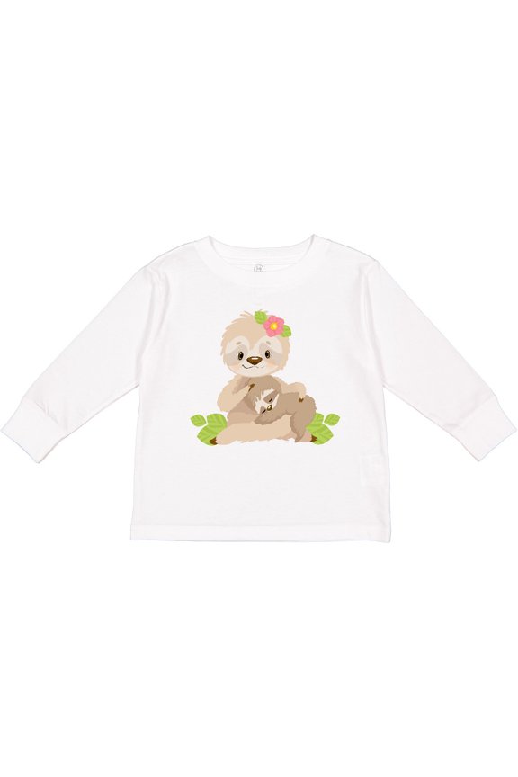 Sloth Mom with Baby Sloth and Flowers Boys or Girls Long Sleeve Toddler T-Shirt