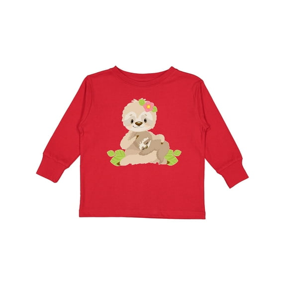 Inktastic Sloth Mom with Baby Sloth and Flowers Boys or Girls Long Sleeve Toddler T-Shirt