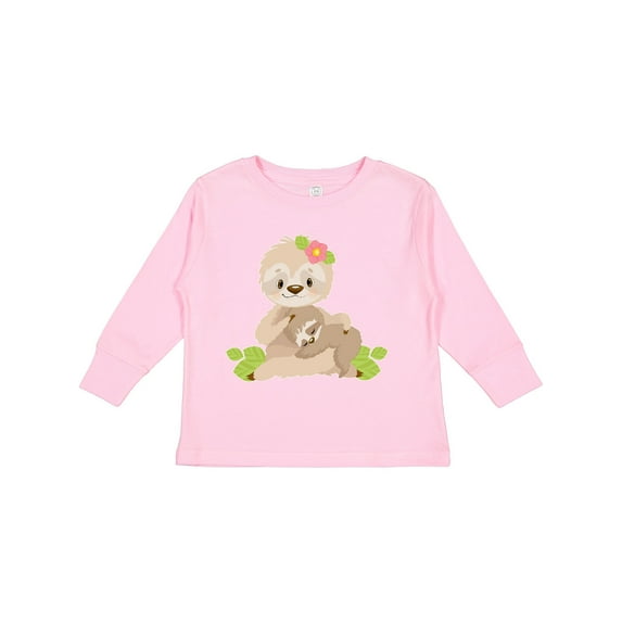 Inktastic Sloth Mom with Baby Sloth and Flowers Boys or Girls Long Sleeve Toddler T-Shirt