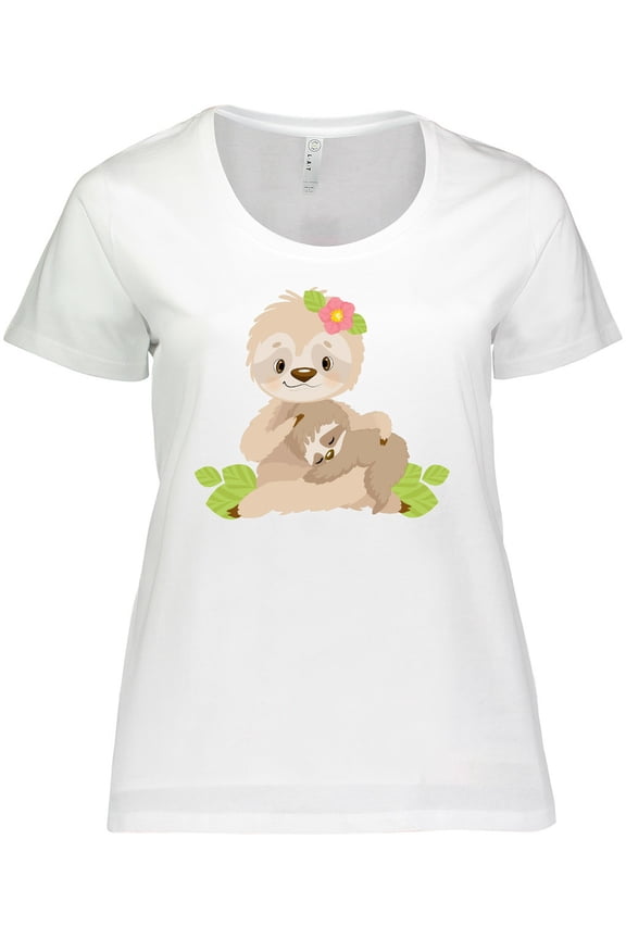 Sloth Mom with Baby Sloth and Flowers Women's Plus Size T-Shirt