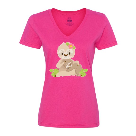 Inktastic Sloth Mom with Baby Sloth and Flowers Women's V-Neck T-Shirt
