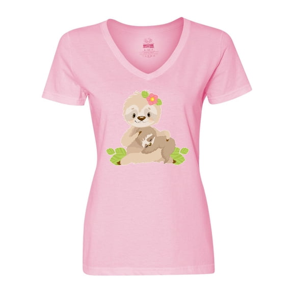 Inktastic Sloth Mom with Baby Sloth and Flowers Women's V-Neck T-Shirt